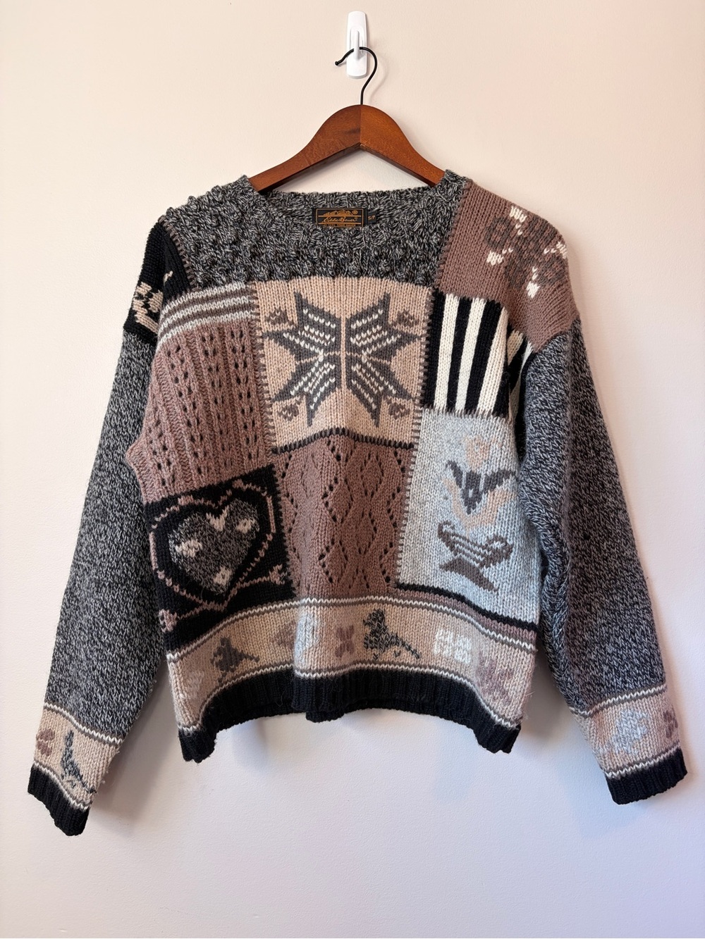 Vintage 90s Eddie Bauer Fair Isle Patchwork Wool Crewneck Sweater Small S